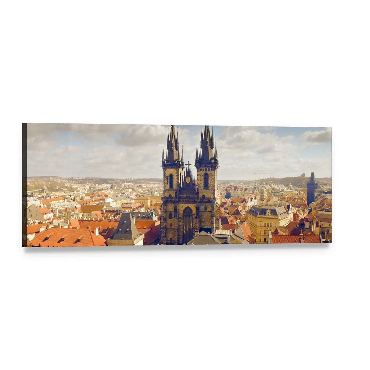 Prague Old Town Main Square with Týn Church Panoramic Canvas Wall Art, single panel gallery wrapped canvas, angled product view