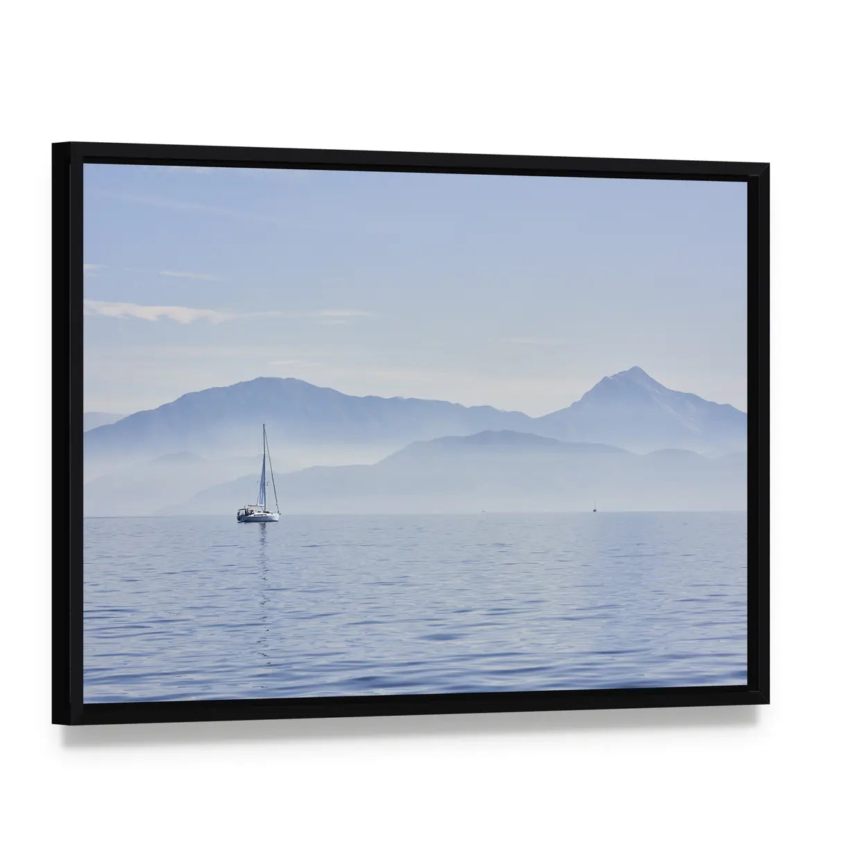 Sailing Boat At Sunrise Canvas Wall Art, framed canvas in a black floater frame, angled product view