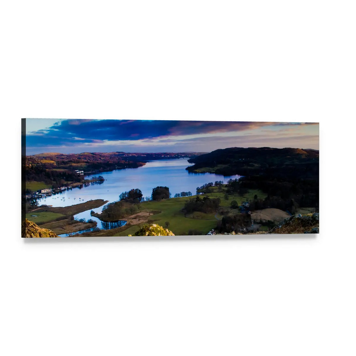 Lake Windermere Twilight View Panoramic Canvas Wall Art, single panel gallery wrapped canvas, angled product view