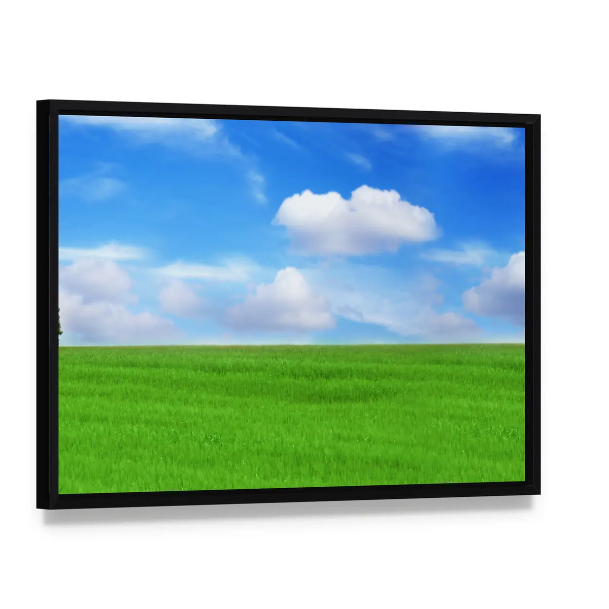 Lone Tree in Vibrant Green Field Canvas Wall Art, framed canvas in a black floater frame, angled product view