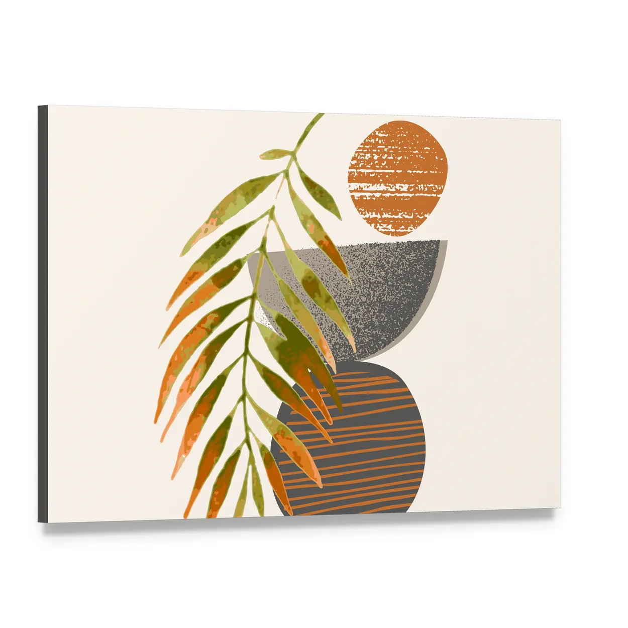 Tropical Palm Leaf with Textured Orange Circle Canvas Wall Art, single panel gallery wrapped canvas, angled product view