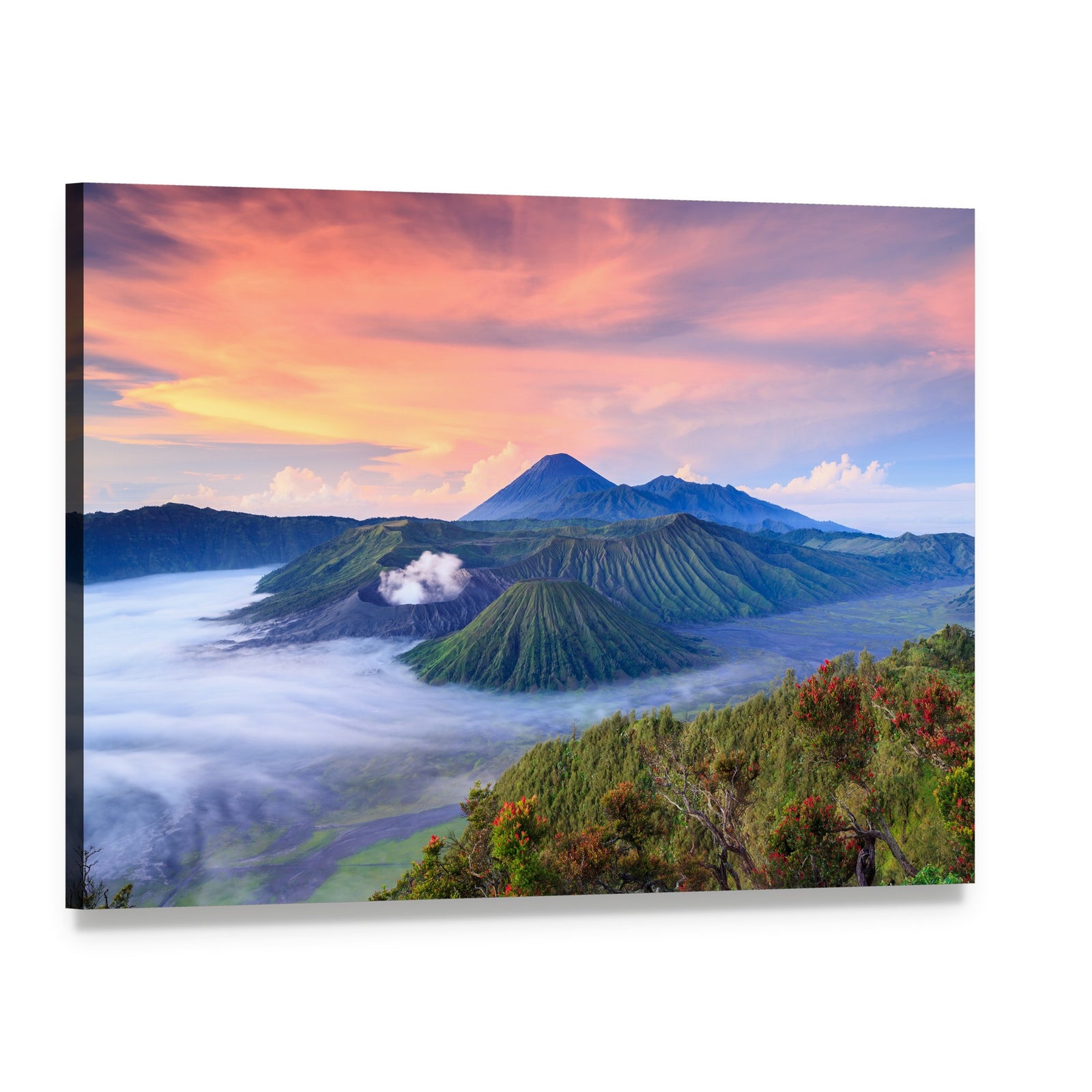Bromo Volcano Sunrise Over Misty Craters Canvas Wall Art, single panel gallery wrapped canvas, angled product view