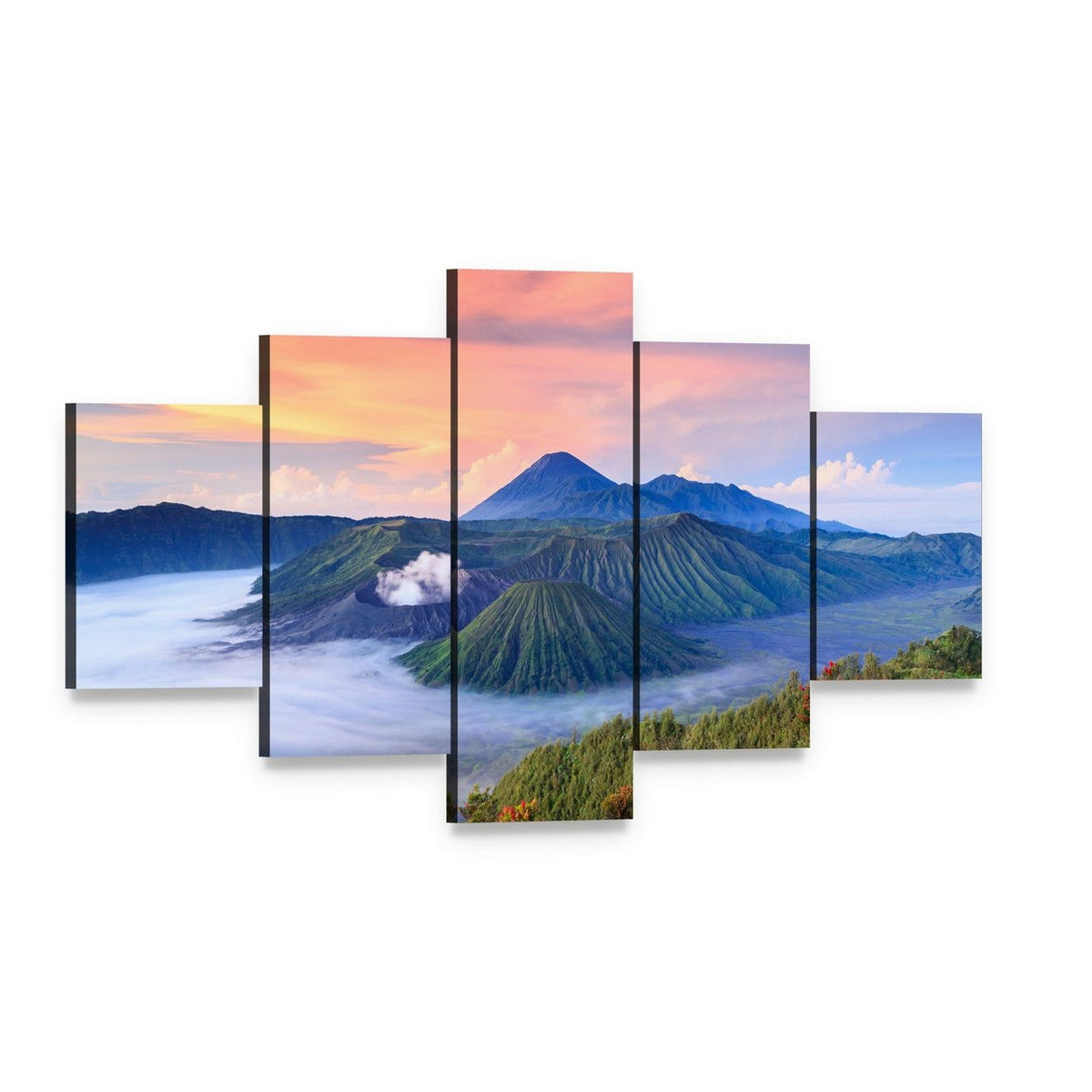 Bromo Volcano Sunrise Over Misty Craters Canvas Wall Art, 5 panel 5 Star layout gallery wrapped canvas set, angled product view