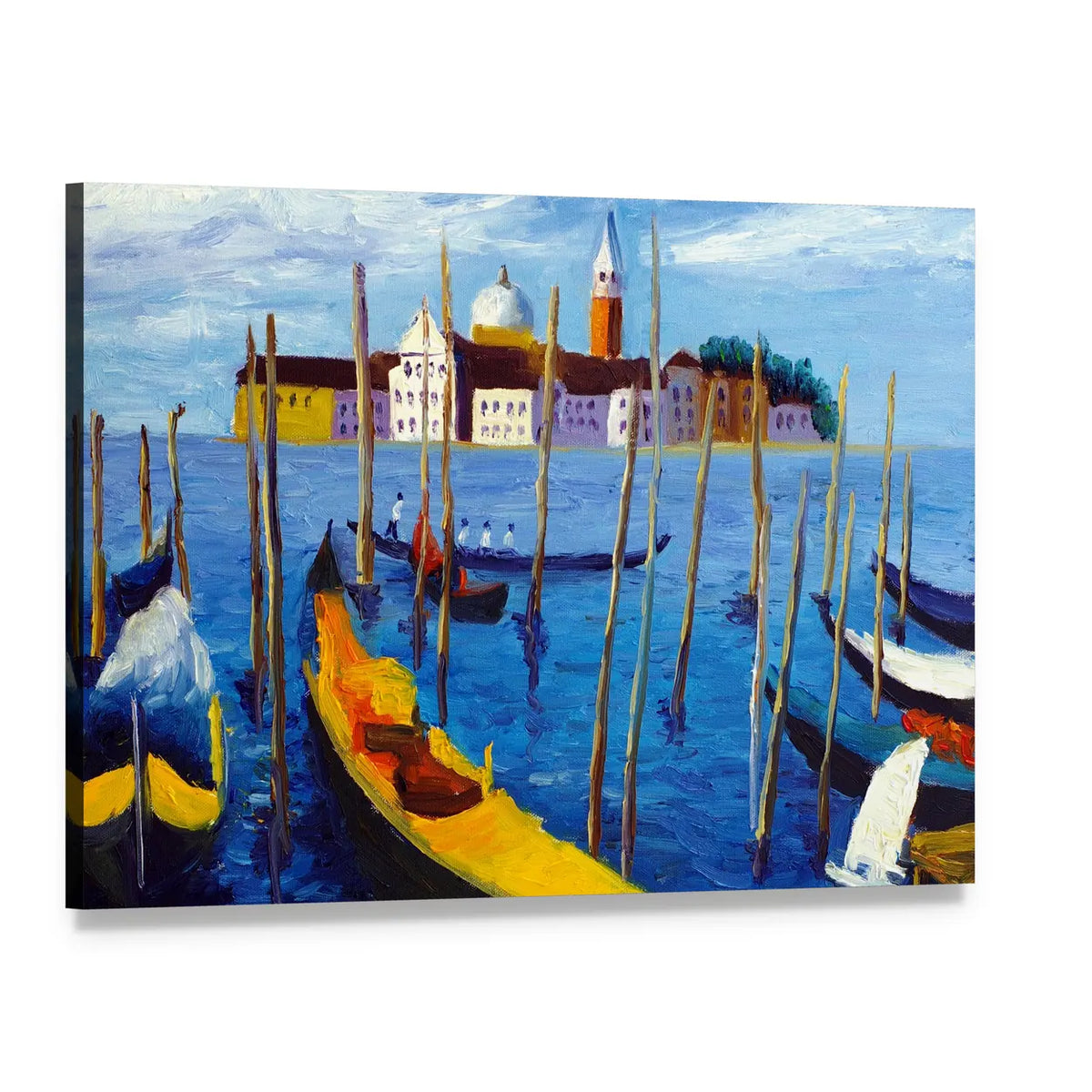 Venetian Gondolas Oil Painting Canvas Wall Art, single panel gallery wrapped canvas, angled product view