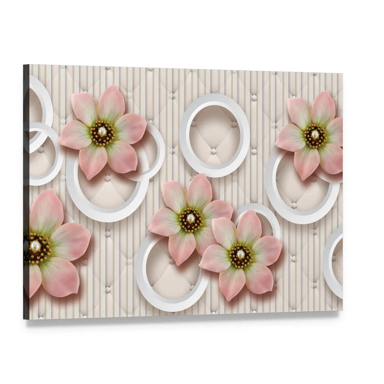 3d Pink Floral with Pearl-centered Blooms Canvas Wall Art, single panel gallery wrapped canvas, angled product view