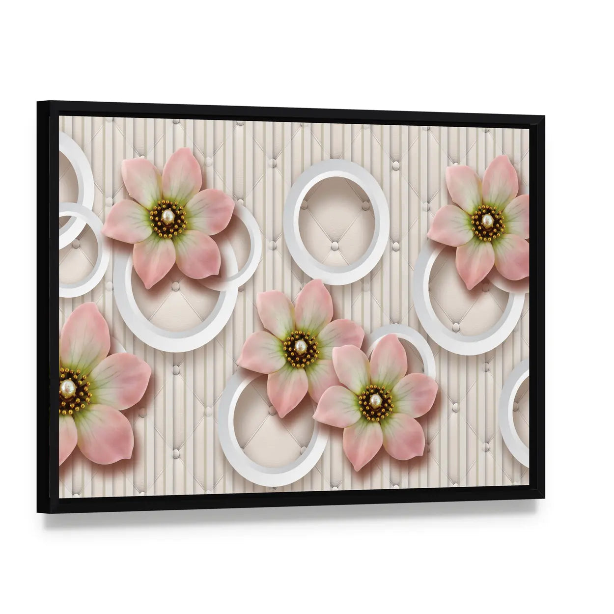 3d Pink Floral with Pearl-centered Blooms Canvas Wall Art, framed canvas in a black floater frame, angled product view