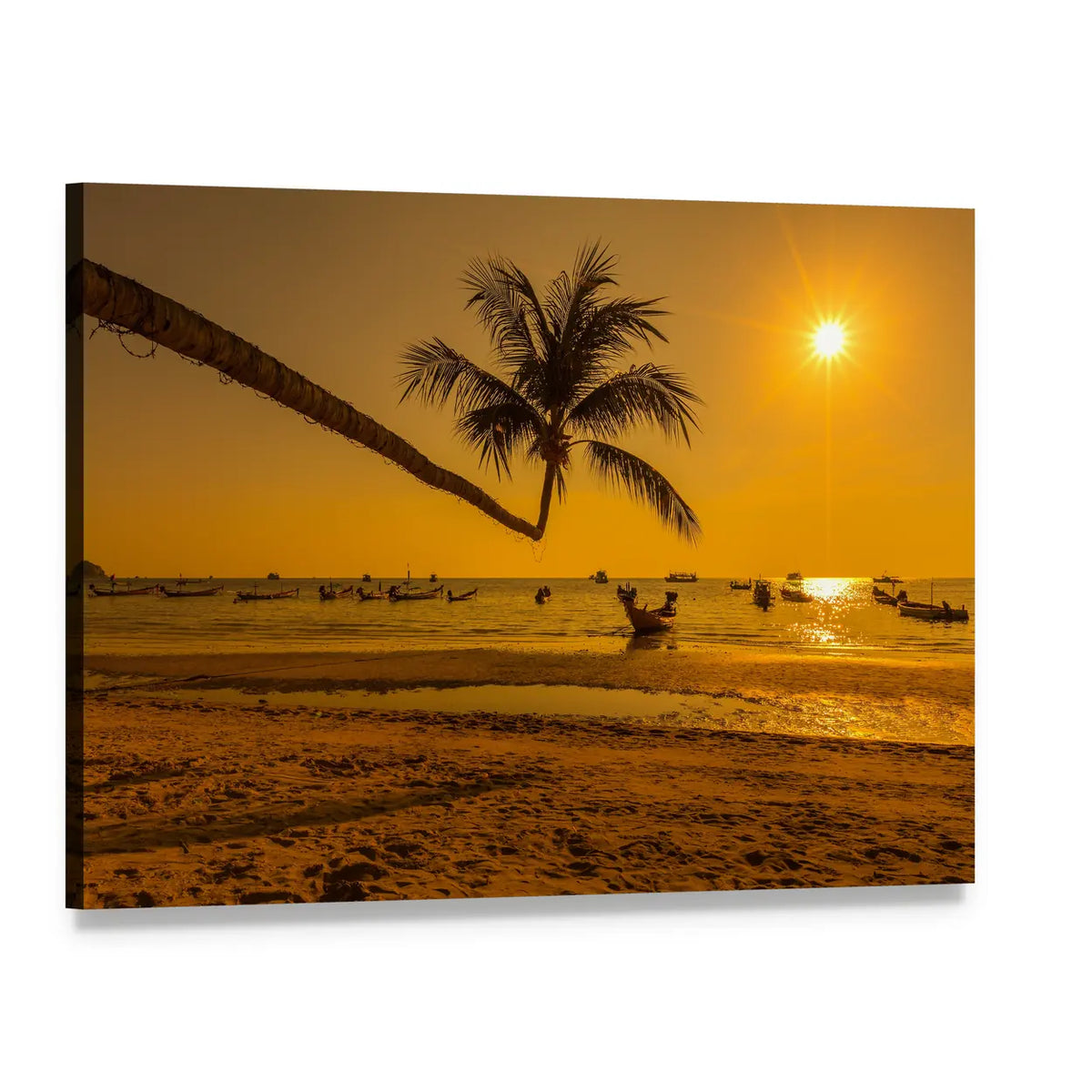 Ko Tao Sunset with Leaning Palm and Boats Canvas Wall Art, single panel gallery wrapped canvas, angled product view