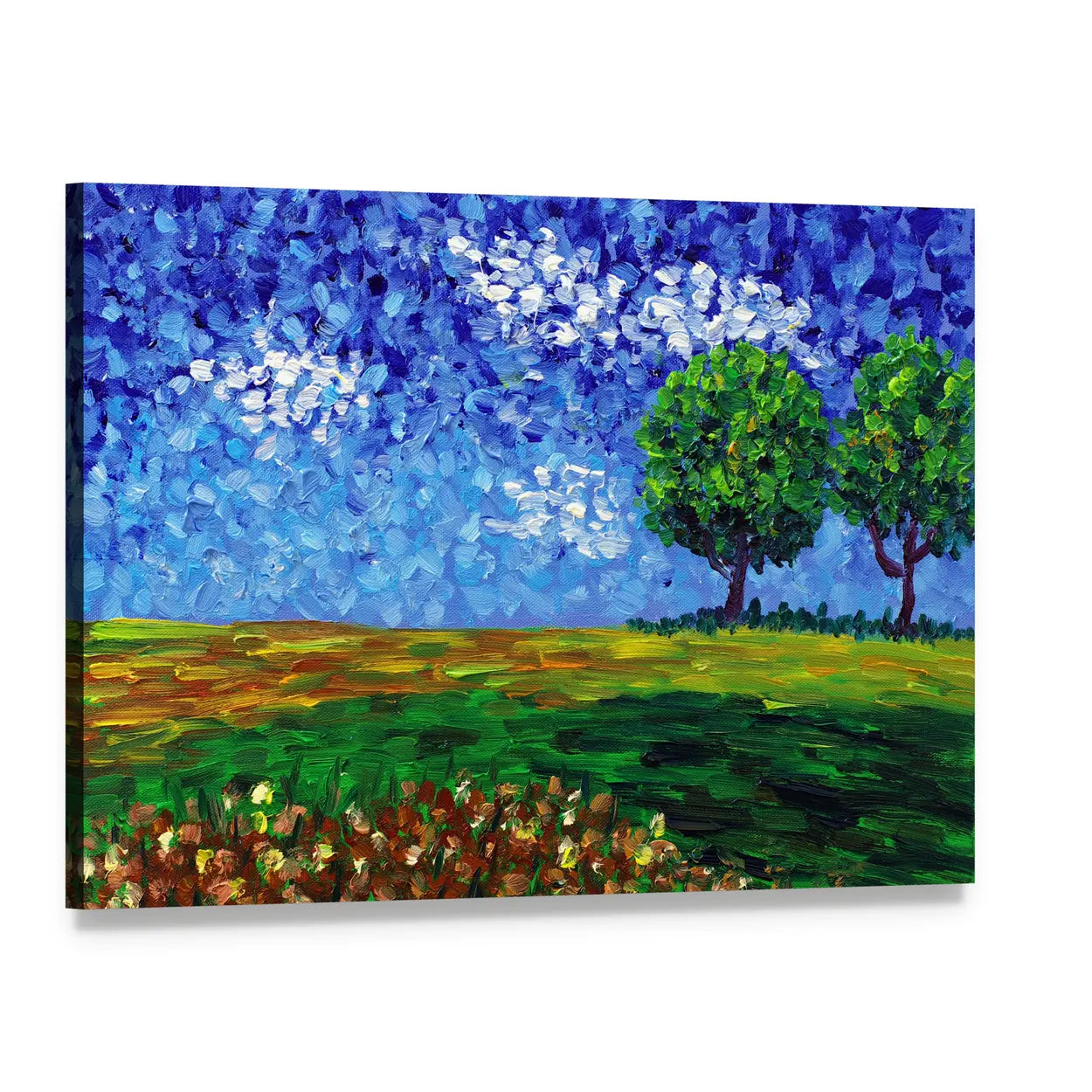 Green Meadow Abstract Landscape Canvas Wall Art, single panel gallery wrapped canvas, angled product view