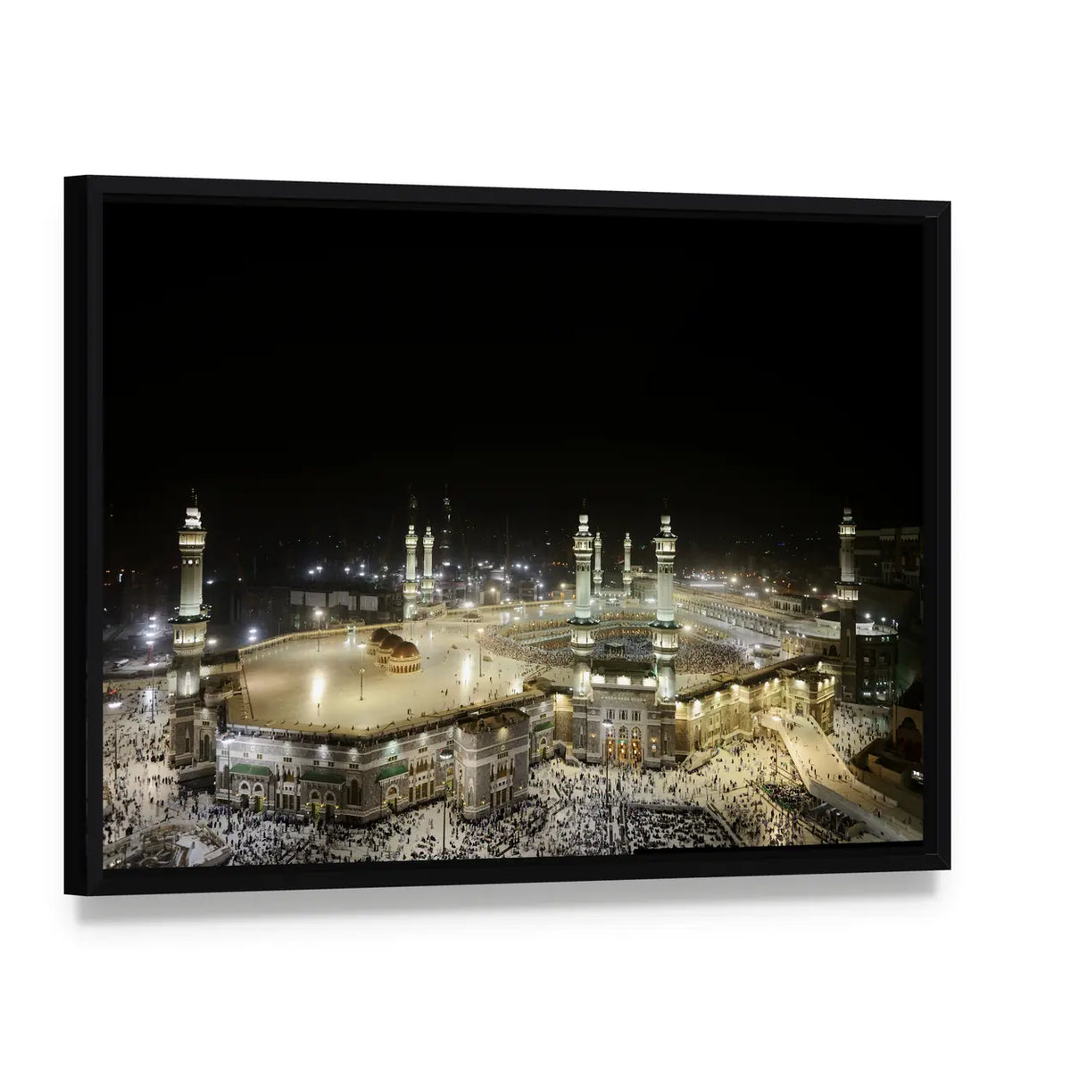 Mekkah Night Aerial View of Kaaba Canvas Wall Art, framed canvas in a black floater frame, angled product view