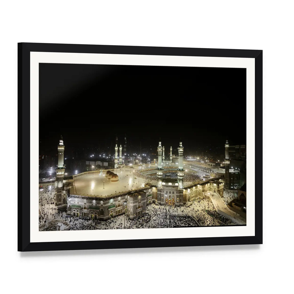 Mekkah Night Aerial View of Kaaba Canvas Wall Art, framed print with white mat and black frame, angled product view