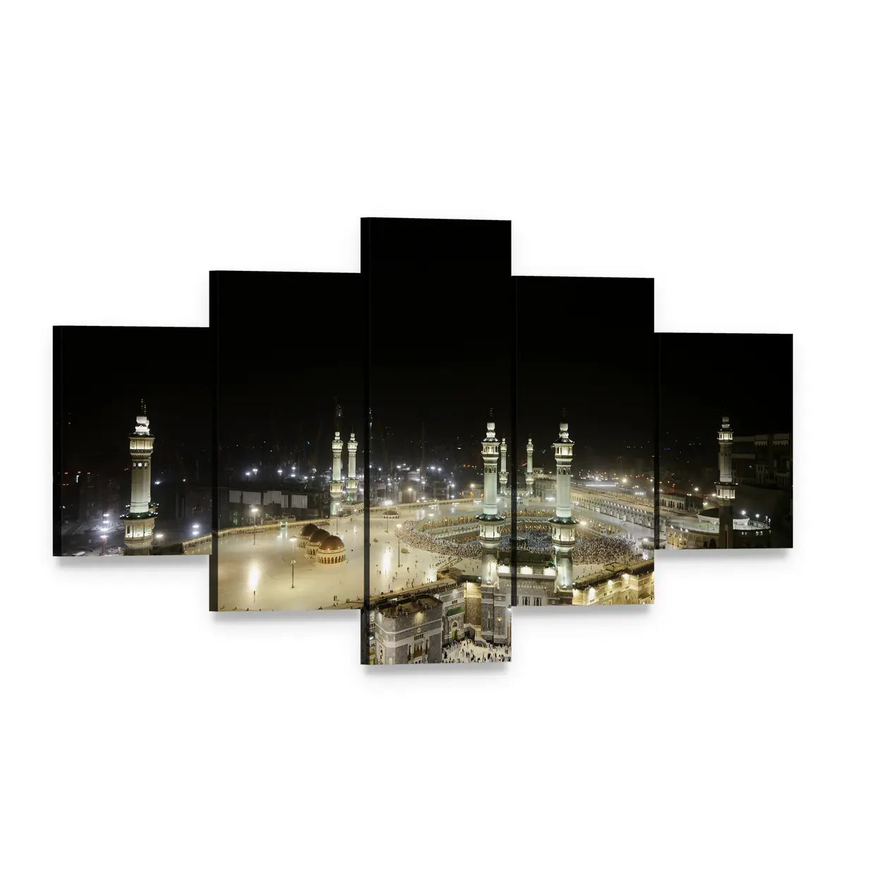 Mekkah Night Aerial View of Kaaba Canvas Wall Art, 5 panel 5 Star layout gallery wrapped canvas set, angled product view