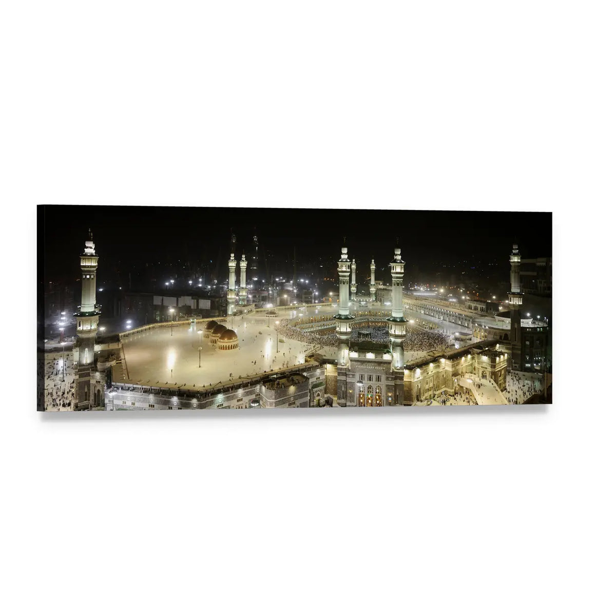 Masjid Al-haram Night View of the Kaaba Panoramic Canvas Wall Art, single panel gallery wrapped canvas, angled product view