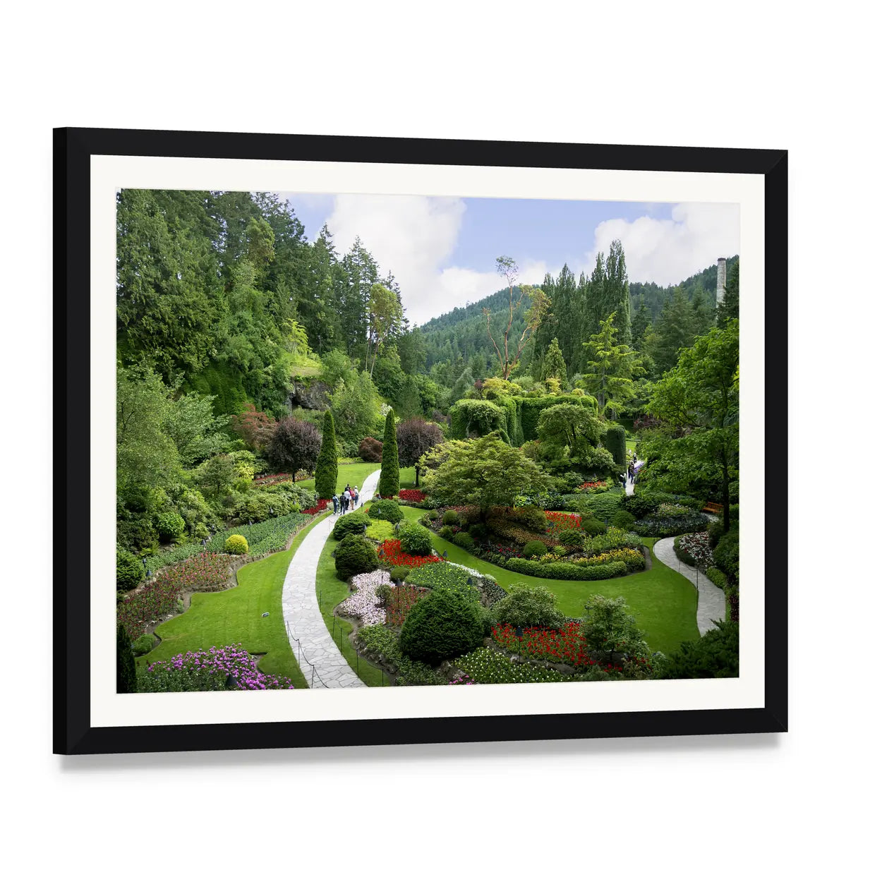 Beautiful Butchart Garden Canvas Wall Art, framed print with white mat and black frame, angled product view