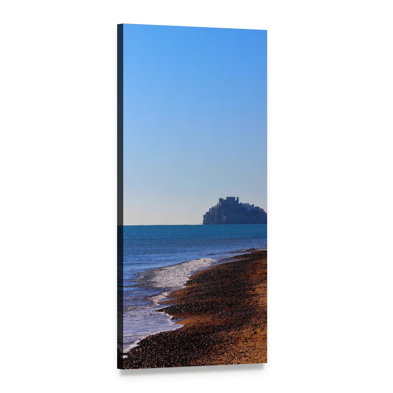 Blue Sea Beach with Castle Vertical Canvas Wall Art, 1 panel 1 Vertical layout gallery wrapped canvas set, angled product view