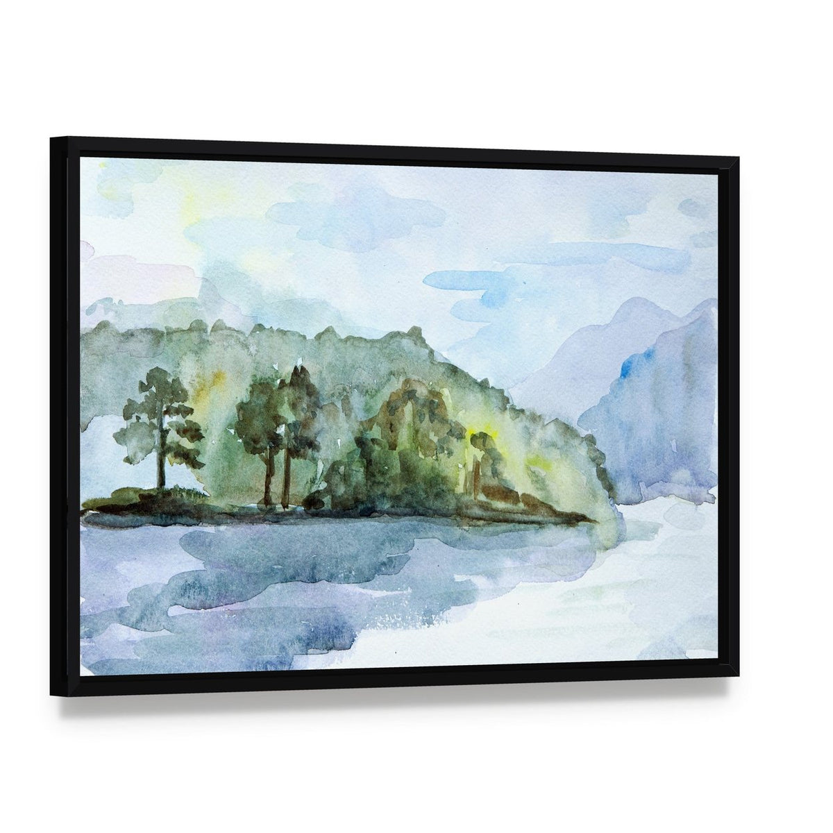 Watercolor Seascape Canvas Wall Art, framed canvas in a black floater frame, angled product view