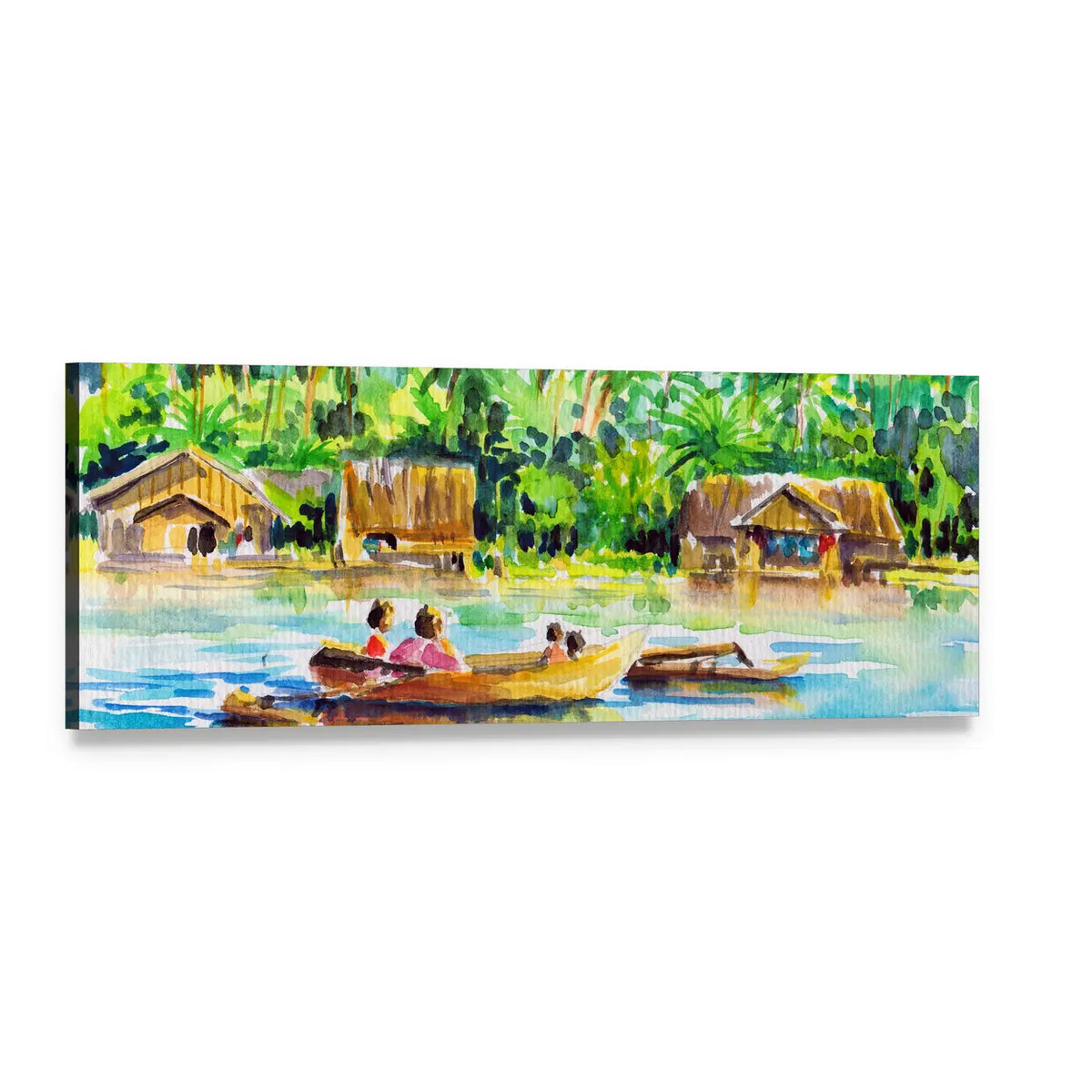 Riverside Village Watercolor Scene Panoramic Canvas Wall Art, single panel gallery wrapped canvas, angled product view