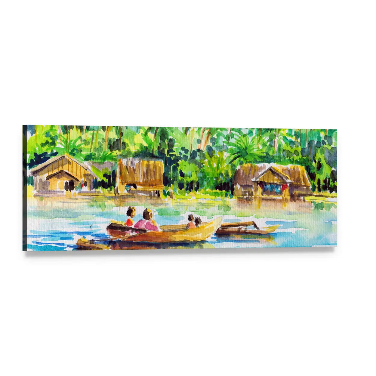 Riverside Village Watercolor Scene Panoramic Canvas Wall Art, single panel gallery wrapped canvas, angled product view