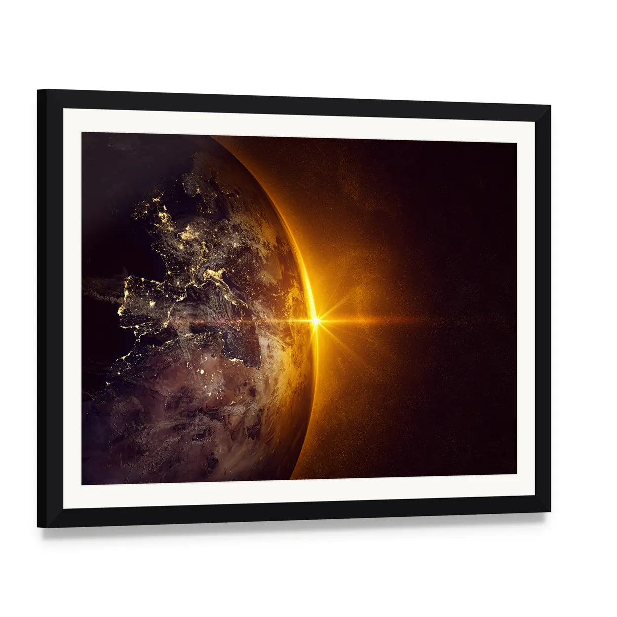 Sunrise on Planet Earth Canvas Wall Art, framed print with white mat and black frame, angled product view
