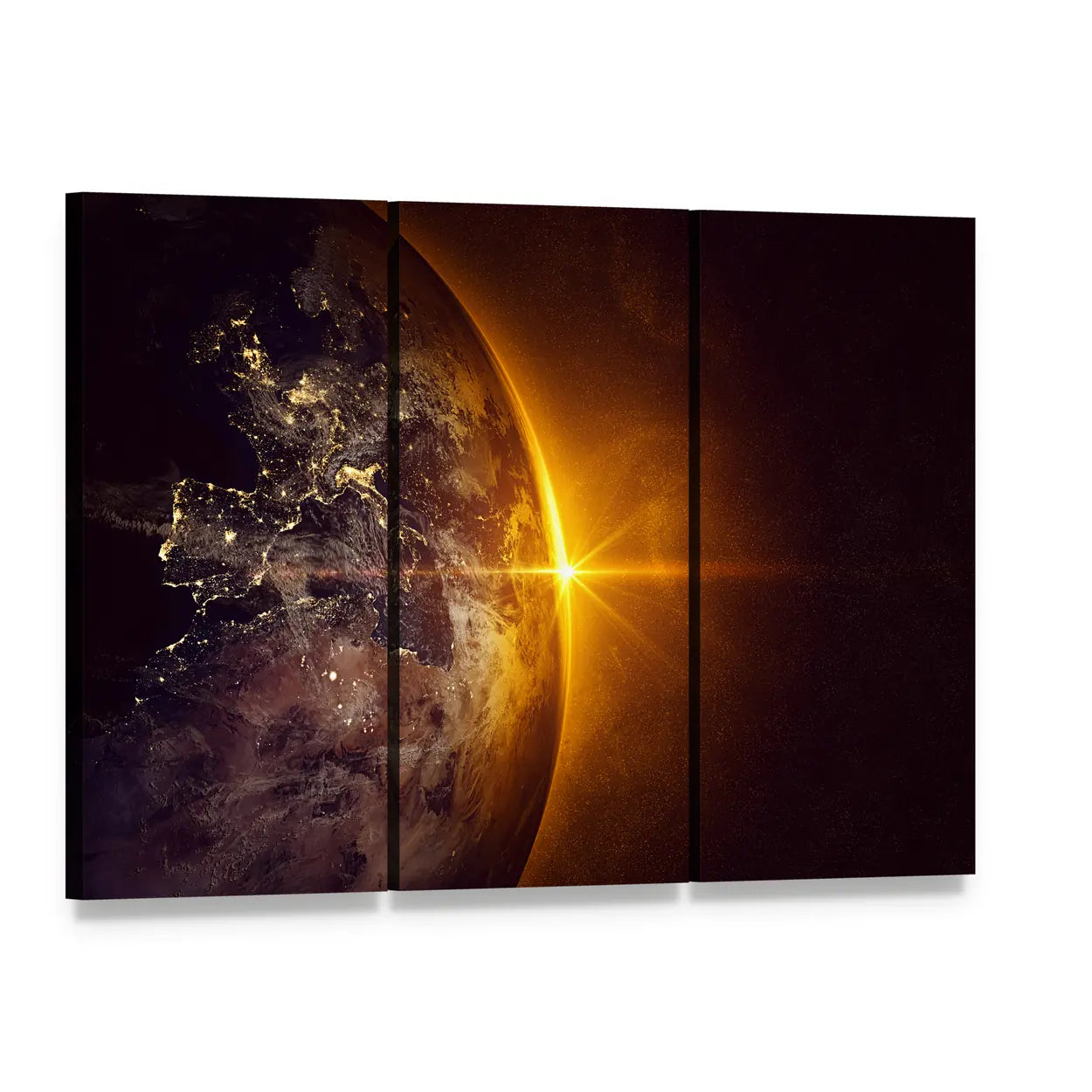 Sunrise on Planet Earth Canvas Wall Art, 3 panel 3 Horizontal layout gallery wrapped canvas set, angled product view