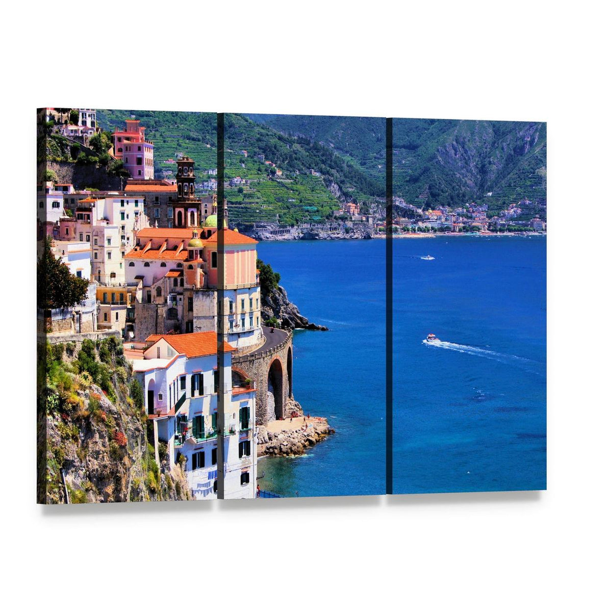 Atrani Village on the Amalfi Coast Canvas Wall Art, 3 panel 3 Horizontal layout gallery wrapped canvas set, angled product view