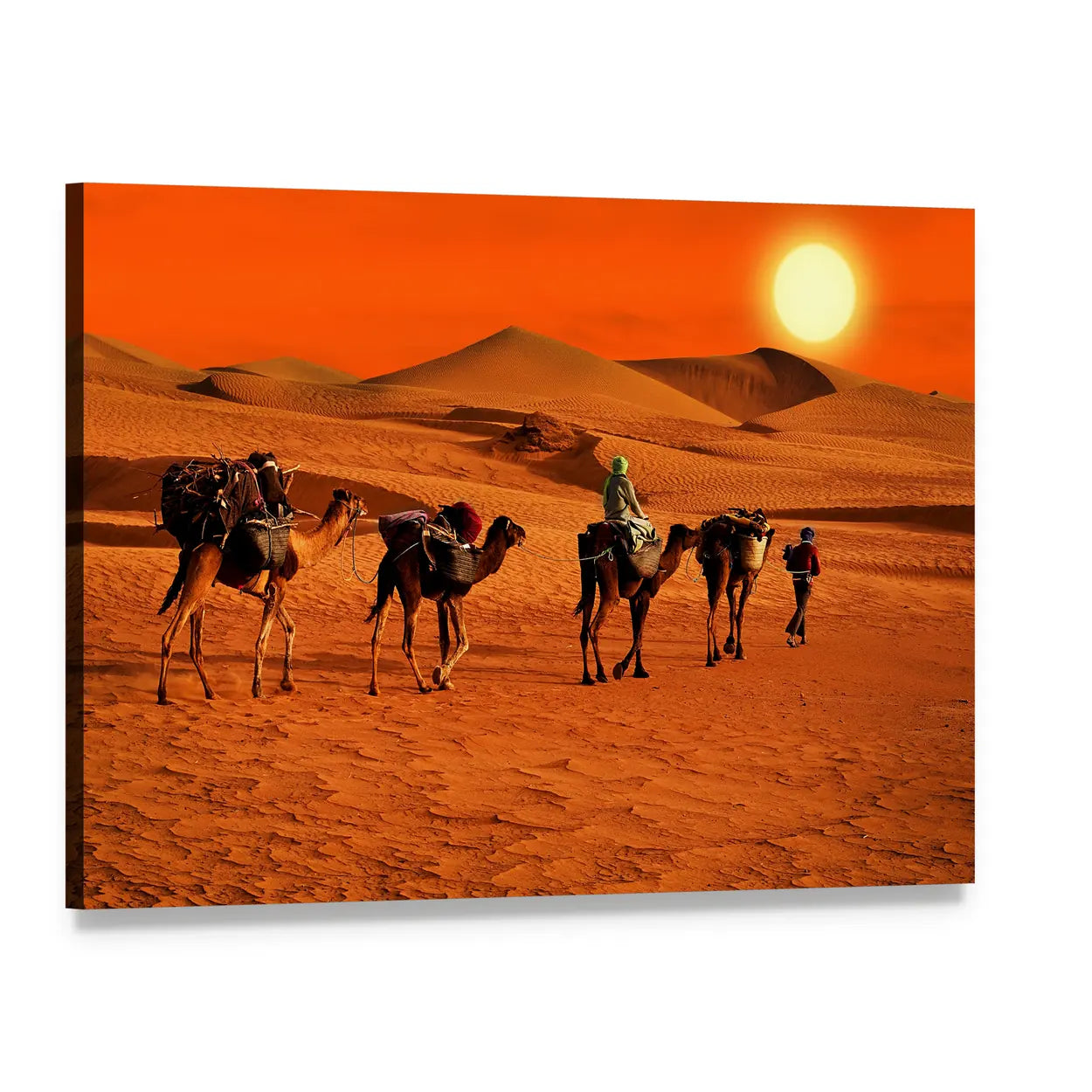 Camel Caravan Crossing Desert at Sunset Canvas Wall Art, single panel gallery wrapped canvas, angled product view