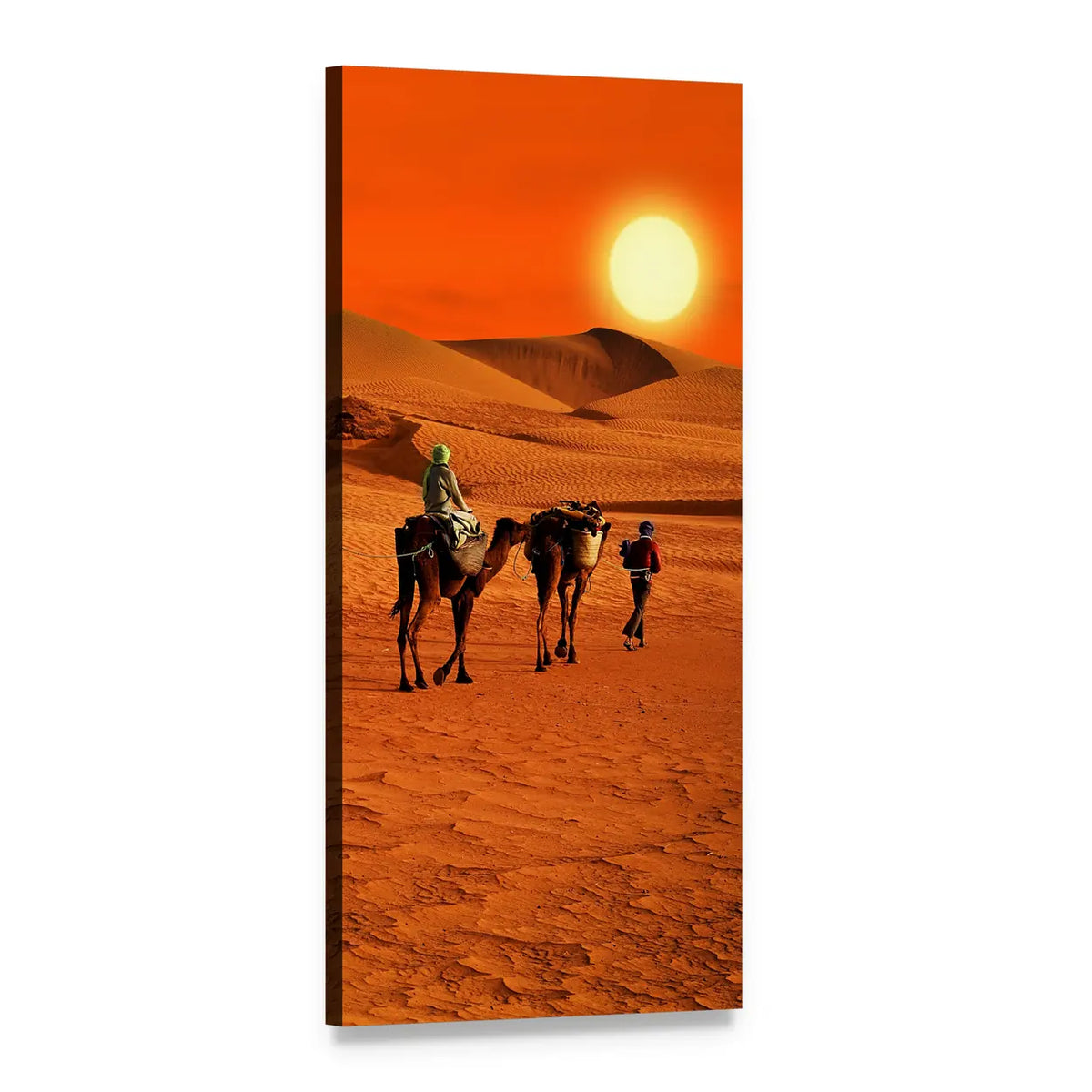 Desert Tribe Crossing at Sunset Vertical Canvas Wall Art, 1 panel 1 Vertical layout gallery wrapped canvas set, angled product view