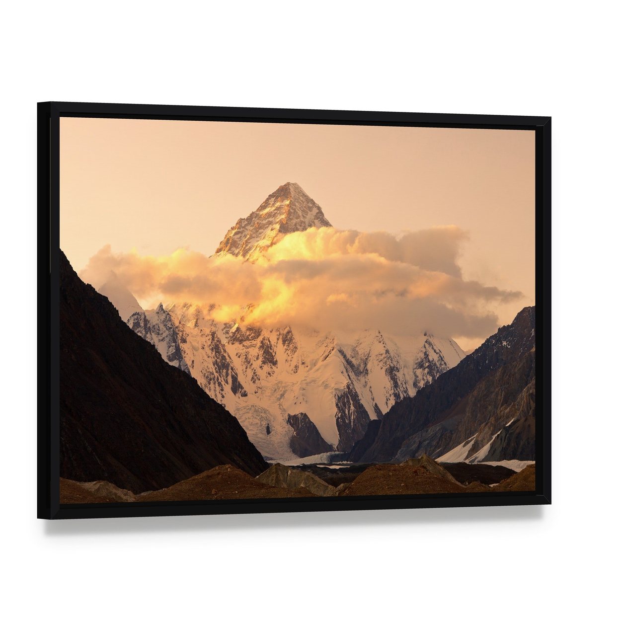Sunset Over K2 Mountain Canvas Wall Art, framed canvas in a black floater frame, angled product view