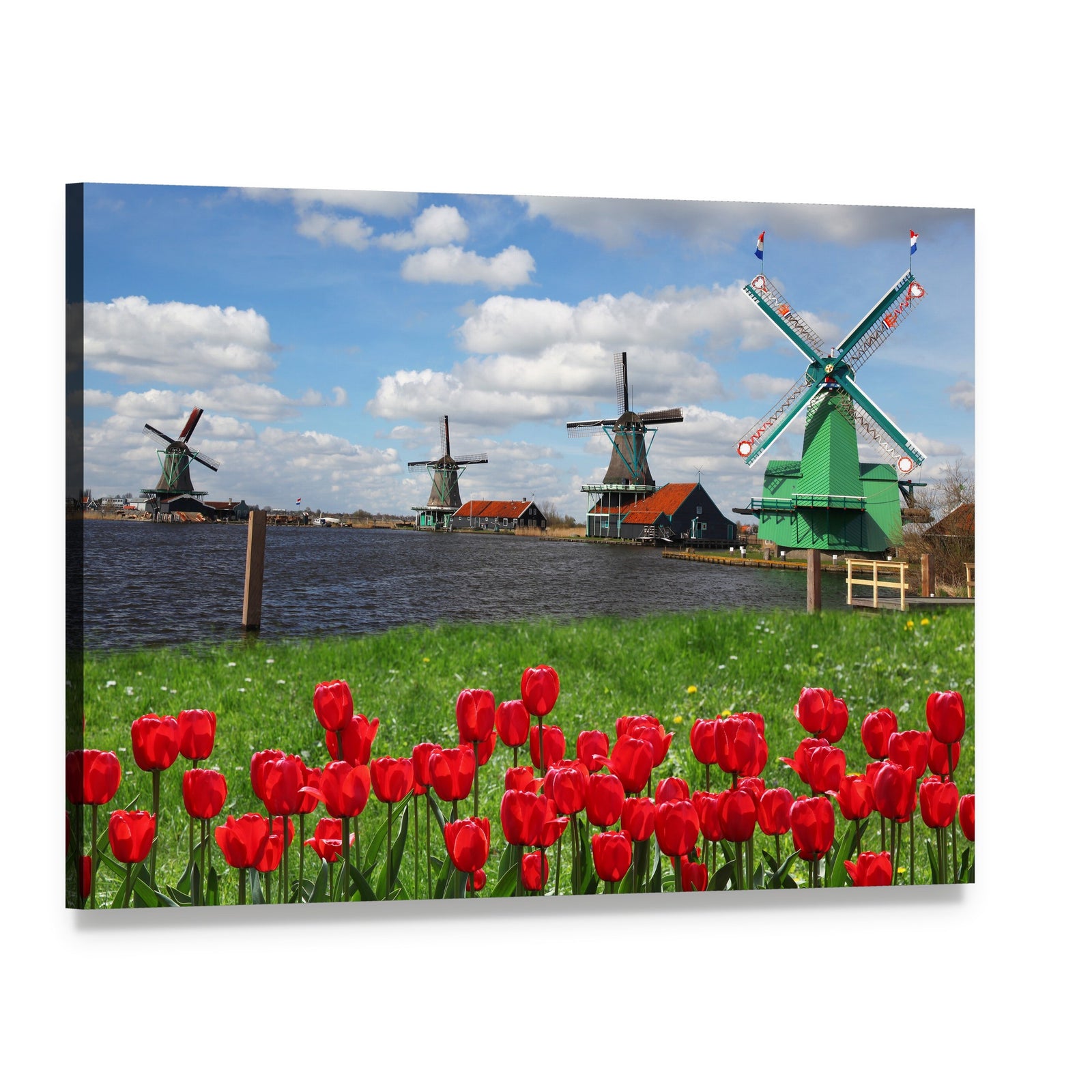 Red Tulips and Green Windmills Canvas Wall Art, single panel gallery wrapped canvas, angled product view