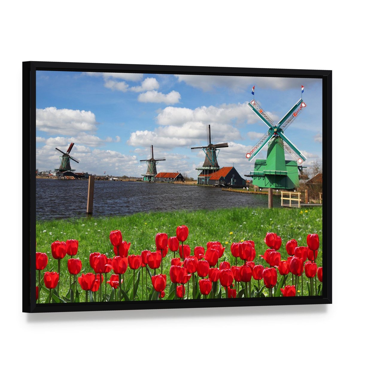Red Tulips and Green Windmills Canvas Wall Art, framed canvas in a black floater frame, angled product view