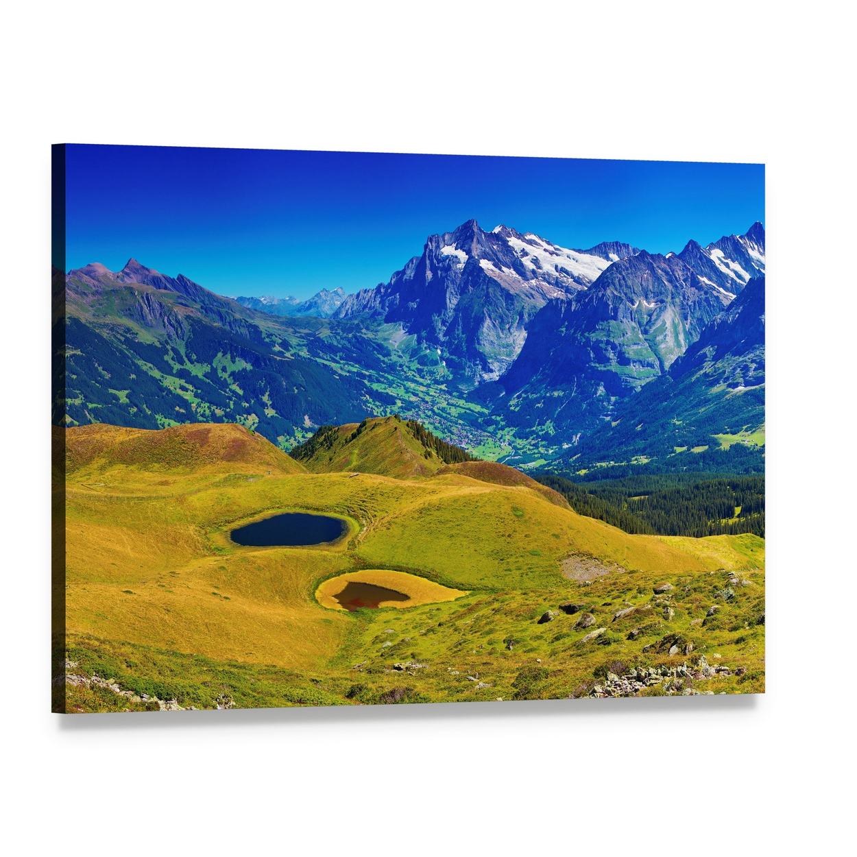 Swiss Alps Summer Landscape Canvas Wall Art, single panel gallery wrapped canvas, angled product view