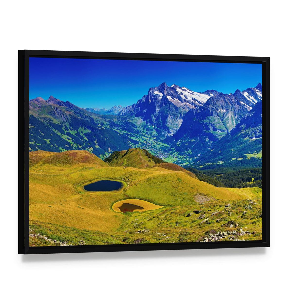 Swiss Alps Summer Landscape Canvas Wall Art, framed canvas in a black floater frame, angled product view