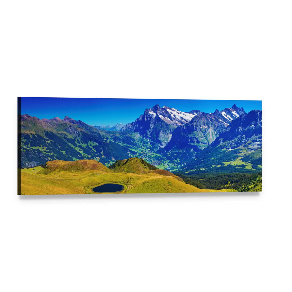 Swiss Alps Alpine Lake View Panoramic Canvas Wall Art, single panel gallery wrapped canvas, angled product view
