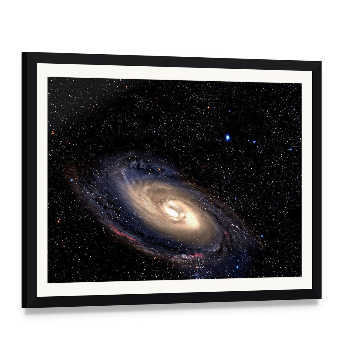 Spiral Galaxy in Deep Space with Star Field Canvas Wall Art, framed print with white mat and black frame, angled product view