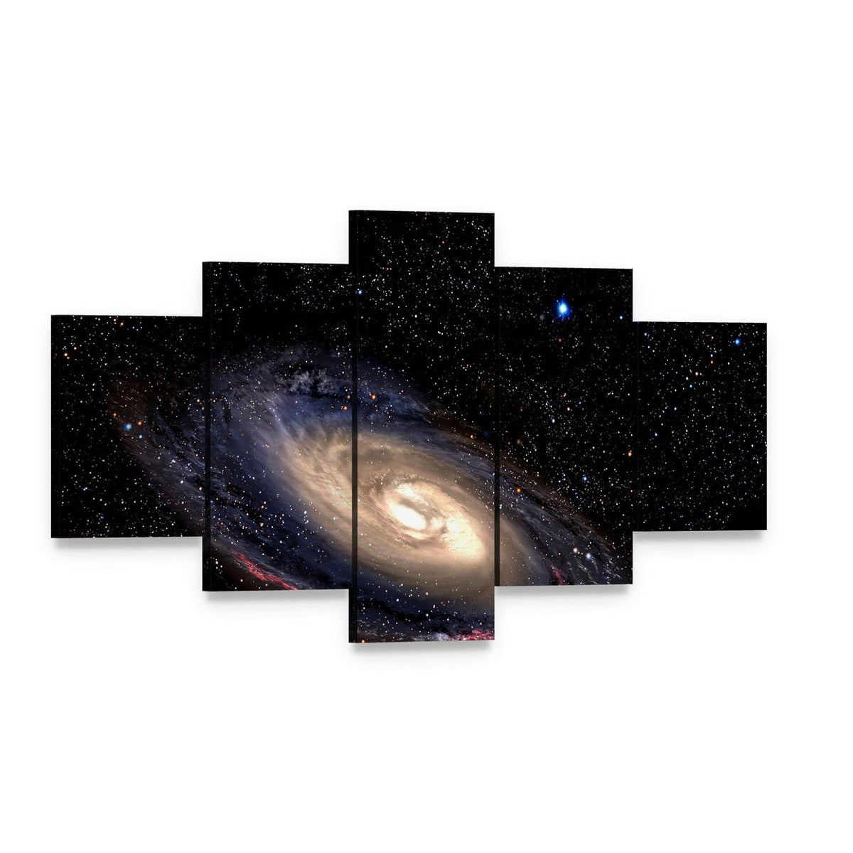 Spiral Galaxy in Deep Space with Star Field Canvas Wall Art, 5 panel 5 Star layout gallery wrapped canvas set, angled product view