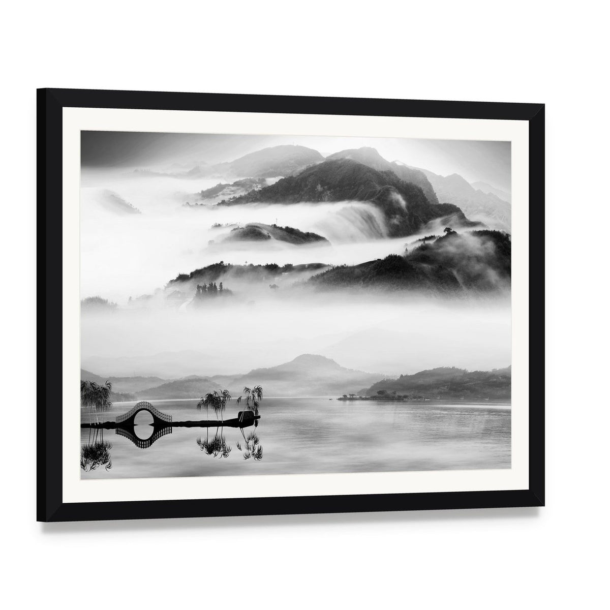 Chinese Landscape Painting Canvas Wall Art, framed print with white mat and black frame, angled product view