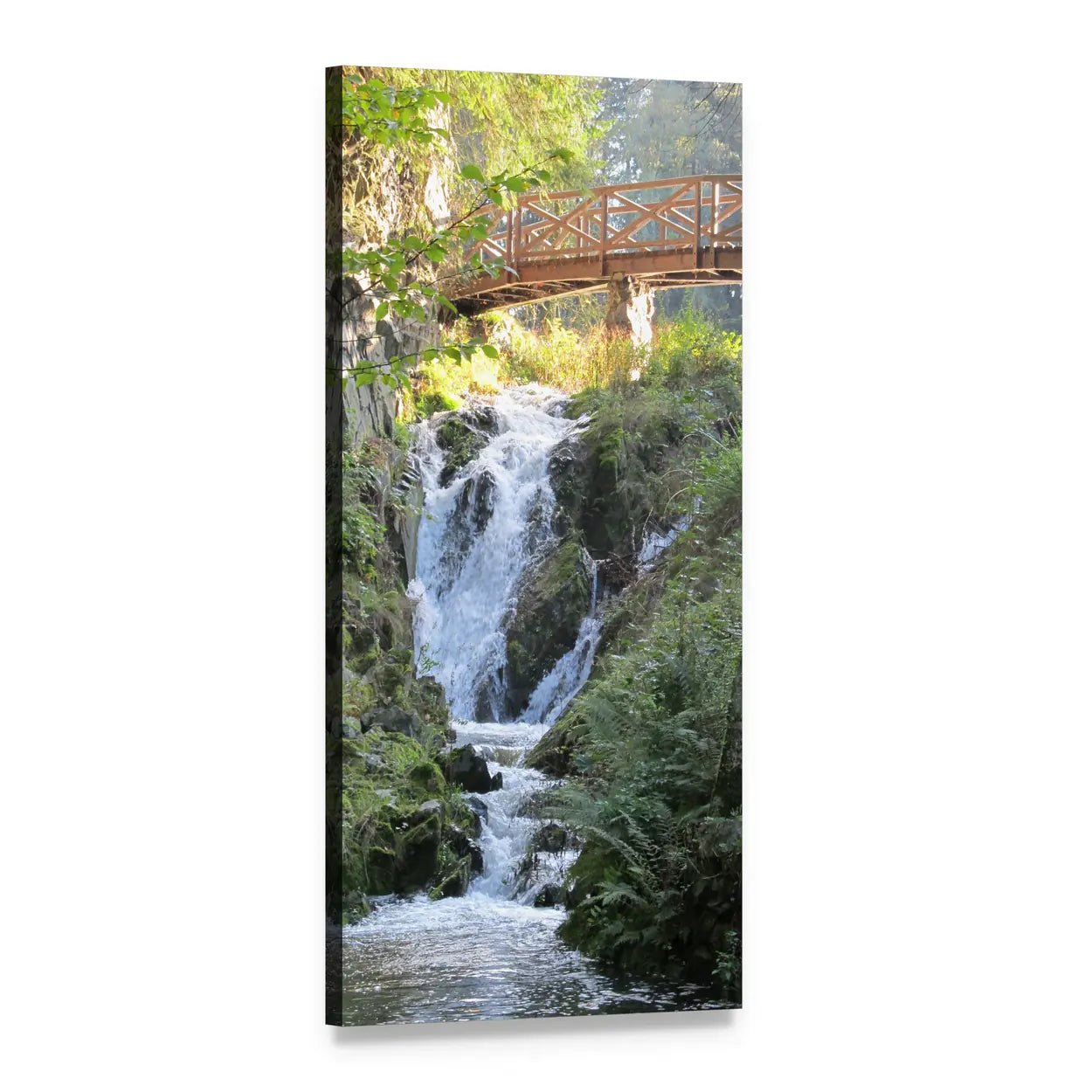 Wooden Bridge Over Waterfall Vertical Canvas Wall Art, 1 panel 1 Vertical layout gallery wrapped canvas set, angled product view
