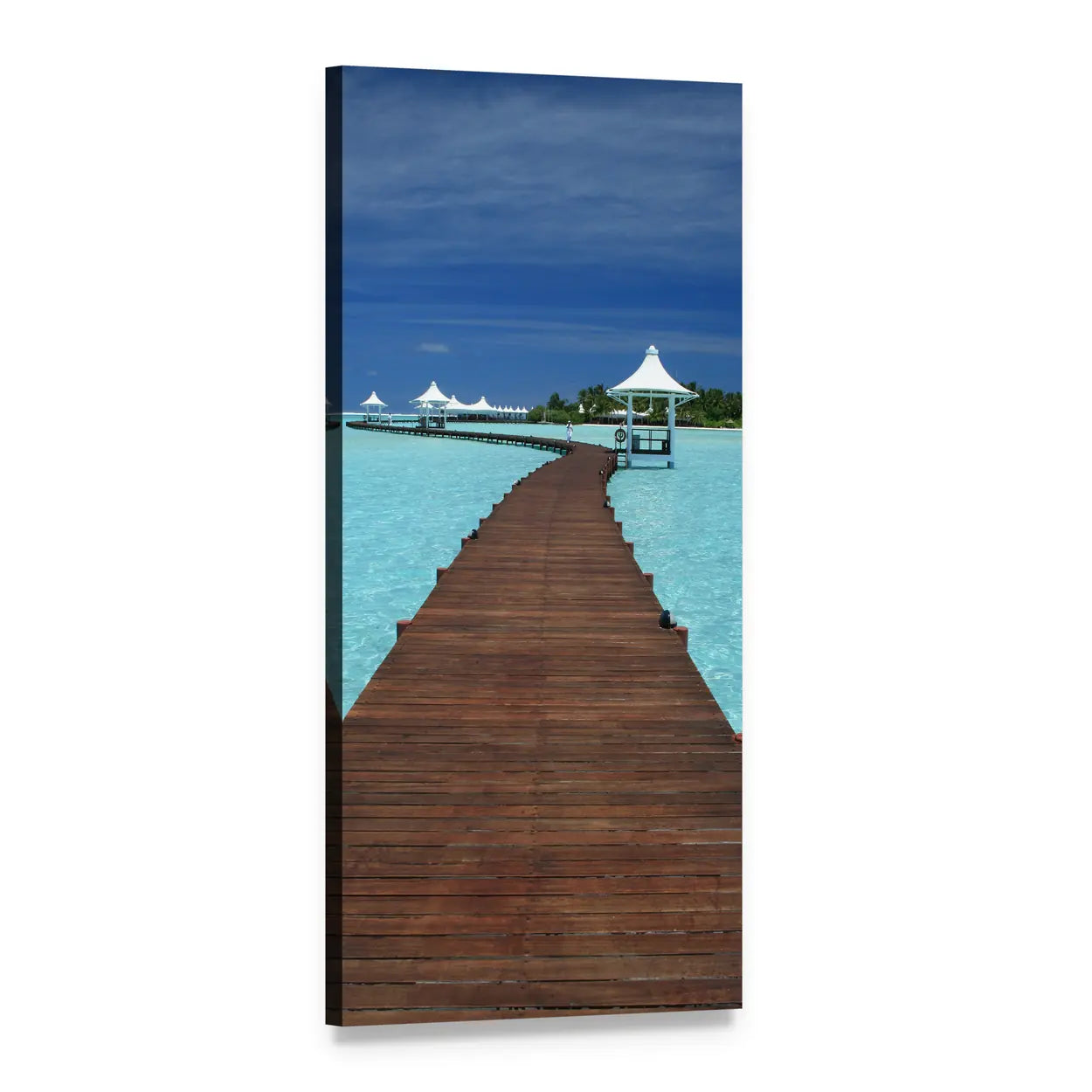 Maldives Pier with White Gazebos Vertical Canvas Wall Art, 1 panel 1 Vertical layout gallery wrapped canvas set, angled product view