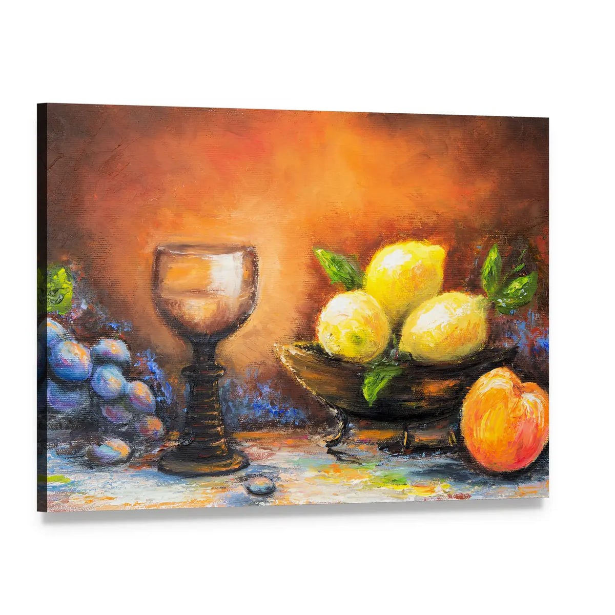 Lemons and Peach with Ornate Goblet Canvas Wall Art, single panel gallery wrapped canvas, angled product view