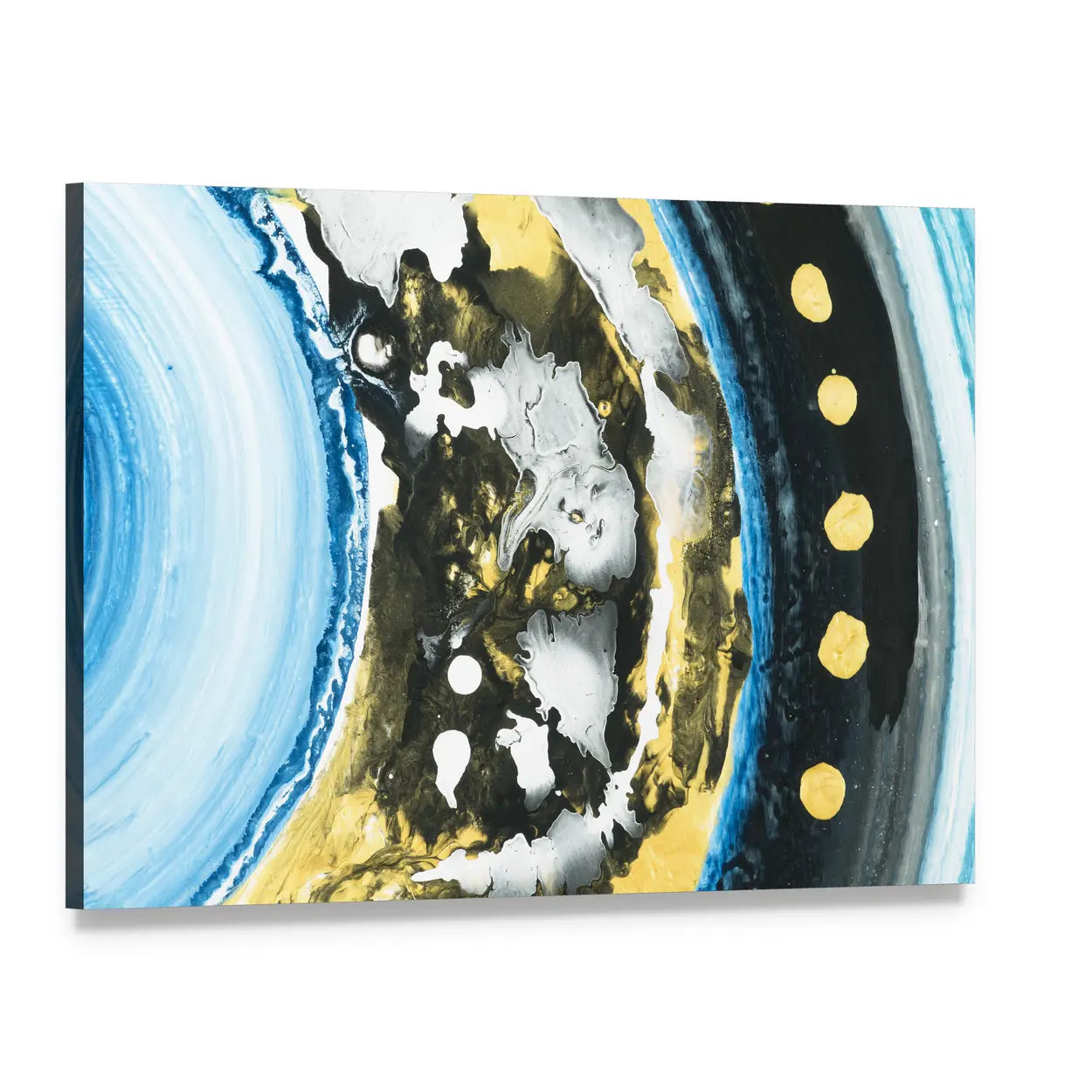 Blue and Black Abstract with Gold Dots Canvas Wall Art, single panel gallery wrapped canvas, angled product view