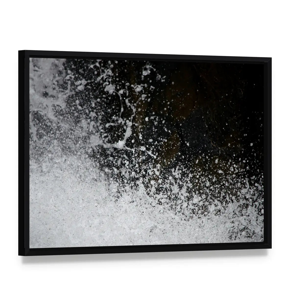 Water Splash Canvas Wall Art, framed canvas in a black floater frame, angled product view