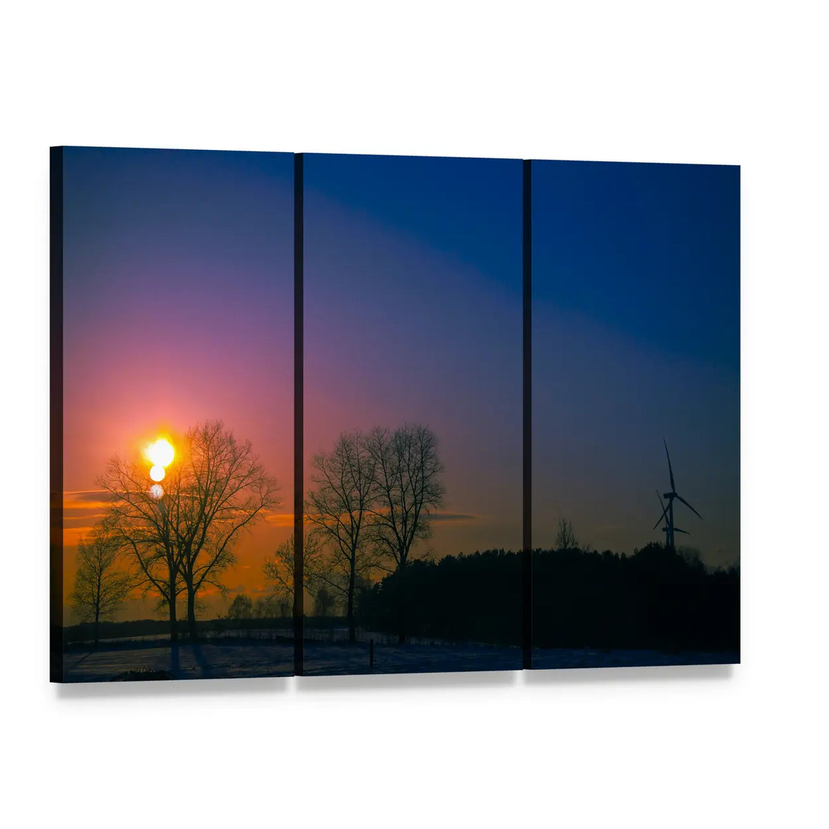 Winter Sunset Over Bare Trees Canvas Wall Art, 3 panel 3 Horizontal layout gallery wrapped canvas set, angled product view