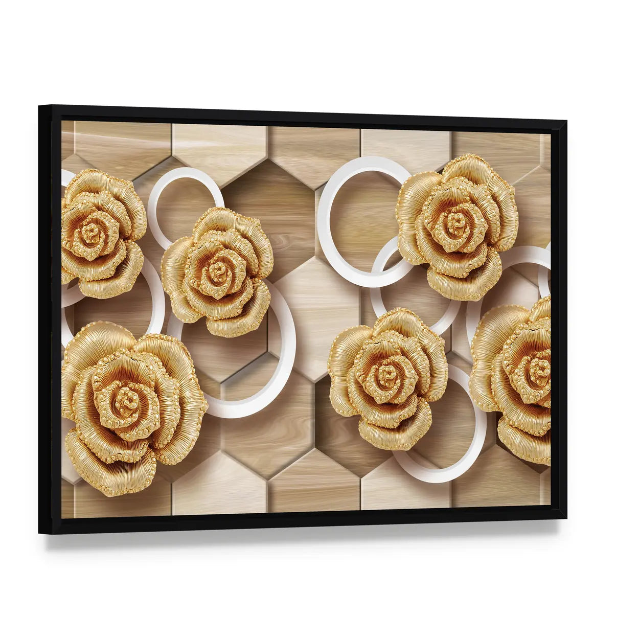 Golden Roses with Floating Rings and Hexagons Canvas Wall Art, framed canvas in a black floater frame, angled product view