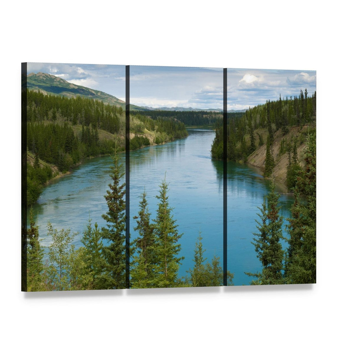 Yukon River Valley Canvas Wall Art, 3 panel 3 Horizontal layout gallery wrapped canvas set, angled product view