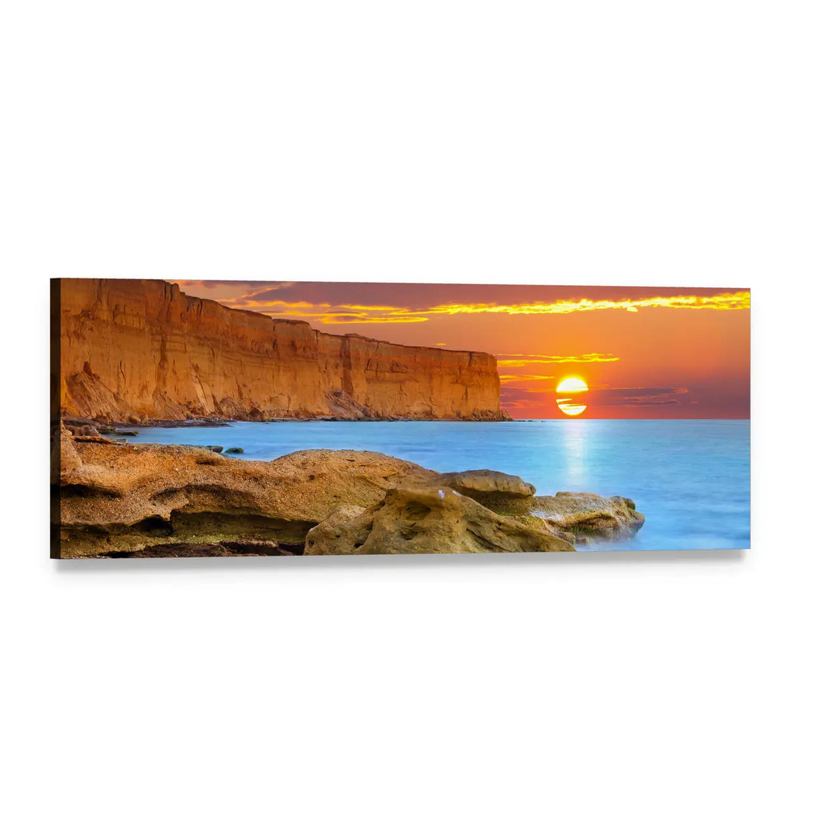 Summer Coastal Sunset Seascape Panoramic Canvas Wall Art, single panel gallery wrapped canvas, angled product view