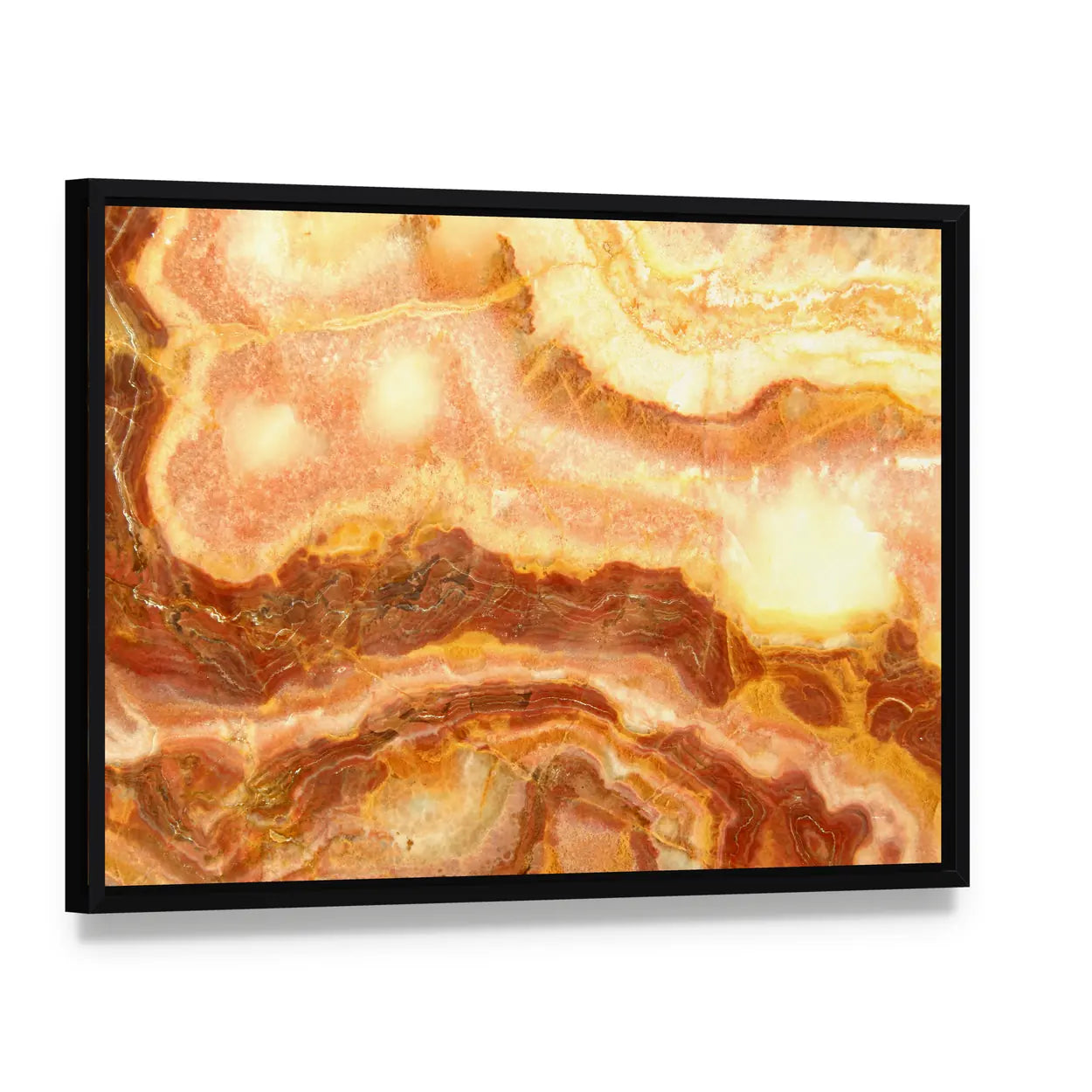 Amber Onyx Marble Layers Canvas Wall Art, framed canvas in a black floater frame, angled product view