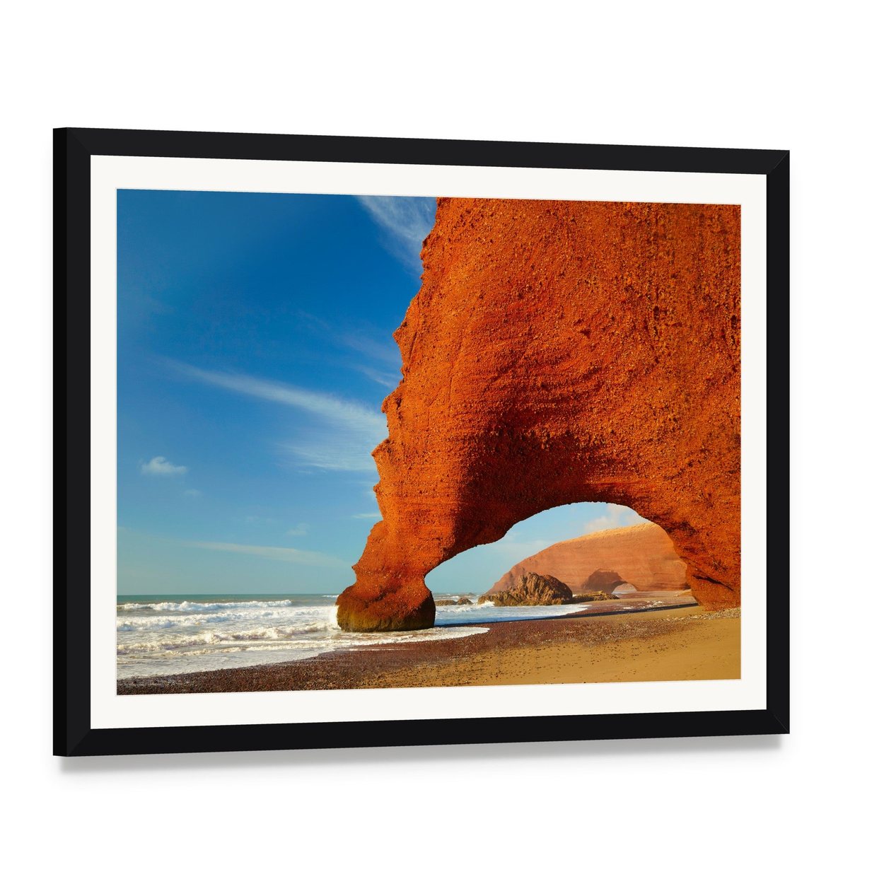 Orange Rock Arch on Atlantic Coast Canvas Wall Art, framed print with white mat and black frame, angled product view