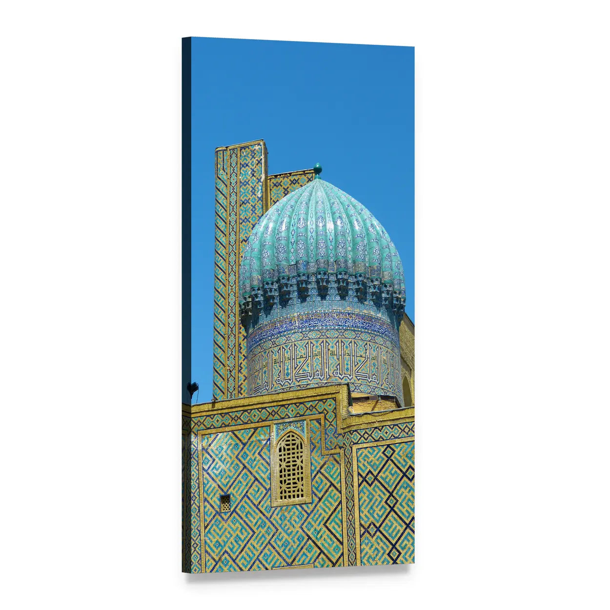 Registan Square Dome and Minaret, Samarkand Vertical Canvas Wall Art, 1 panel 1 Vertical layout gallery wrapped canvas set, angled product view