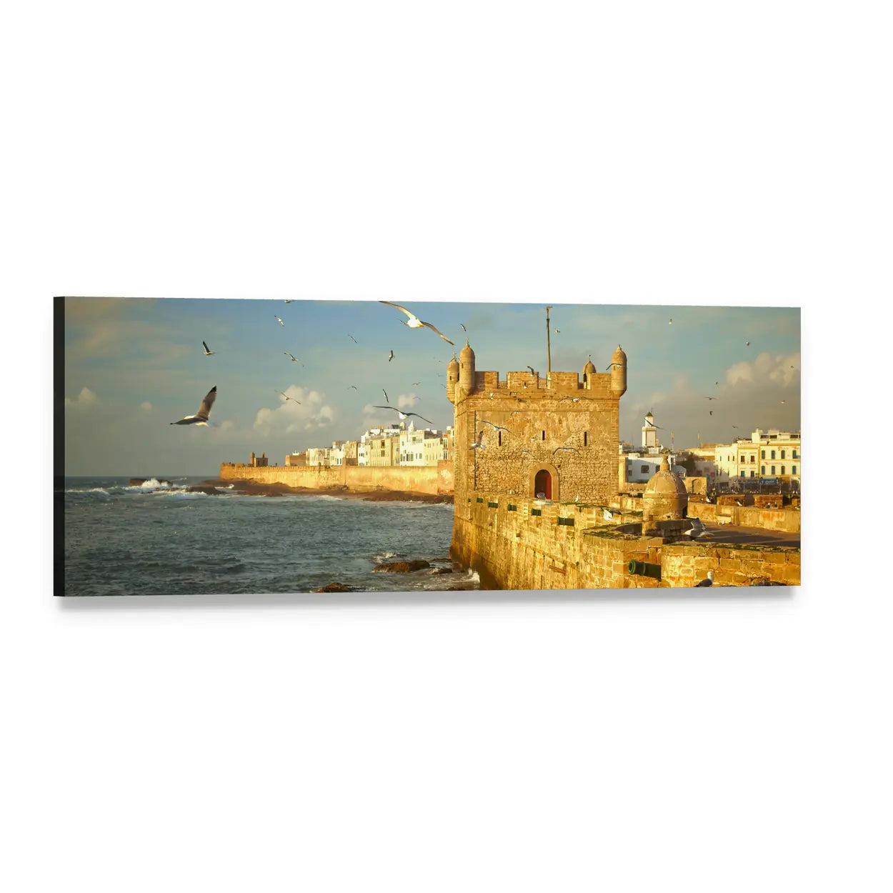 Essaouira Fortress by the Sea Panoramic Canvas Wall Art, single panel gallery wrapped canvas, angled product view