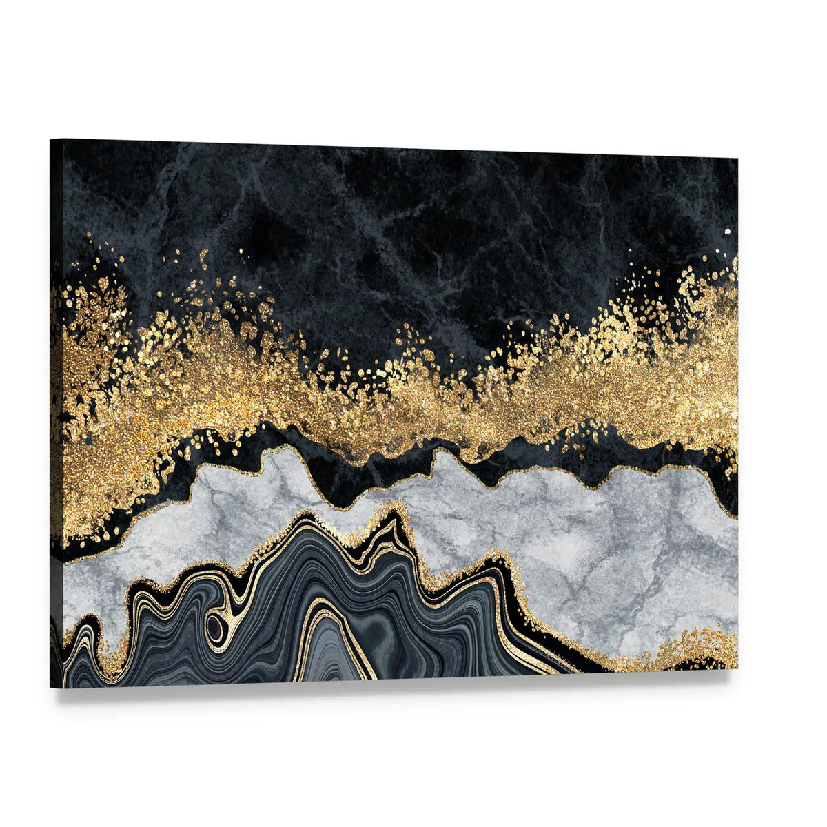 Gold-accented Black and White Marble Abstract Canvas Wall Art, single panel gallery wrapped canvas, angled product view