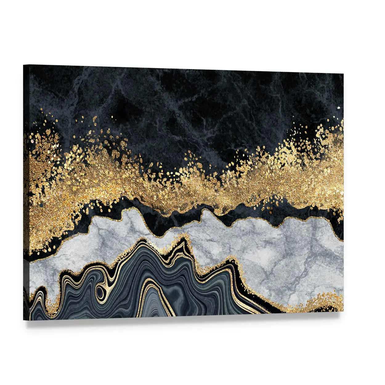 Gold-accented Black and White Marble Abstract Canvas Wall Art, single panel gallery wrapped canvas, angled product view